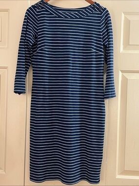 Talbots Navy and White Striped Boatneck Knee-Length 100% Cotton Dress Classic